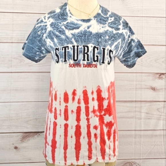 Vintage Embroidered Sturgis Rally Tee in Red, White, and Blue Tie Dye Size Small - Picture 1 of 8